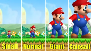 New Super Mario Bros Wii - Tiny vs Small vs Normal vs Giant vs Colossal Mario