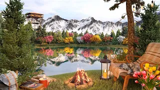 Cherry Blossoms by Spring Lake Ambience with Cozy Campfire and Forest Birdsong for Sleep or Relax