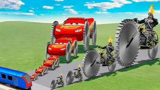 Big & Small Ghost Rider on a motorcycle with Saw Wheels vs Mcqueen with Saw Wheels vs Trains! BeamNG