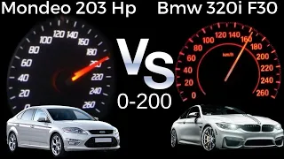 acceleration battle-Ford Mondeo Mk4 2.0 Ecoboost 203 Hp VS Bmw F30 320i ED 1.6 170 Hp 0- 200 review