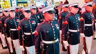 UNITED STATES MARINES CONDUCTING A VETERANS DAY MEMORIAL CELEBRATION SHOW IN TIMES SQUARE, MANHATTAN