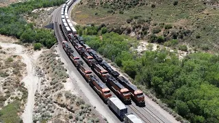Drone at Cajon Pass in 4k - Summer of 2023 - A few meets with Coal, Work, manifest & intermodals