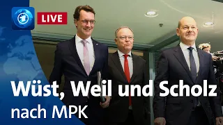 Nach MPK: Pressekonferenz von Kanzler Scholz und Ministerpräsidenten Weil und Wüst