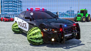 Police Car Sergeant Lucas arrests Sports Car who stole a watermelon