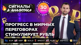 Прогресс в мирных переговорах стимулирует рубль. EUR. GBP. XAU. BRENT. RUB. S&P500. BTC