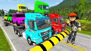 Double Flatbed Trailer Truck vs Speed Bumps | Train vs Cars | Tractor vs Train | BeamNG.Drive #708