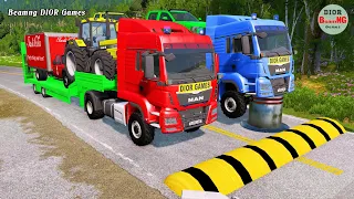 Double Flatbed Trailer Truck cars vs rails tractor vs train cars vs bollards Beamng Drive 412