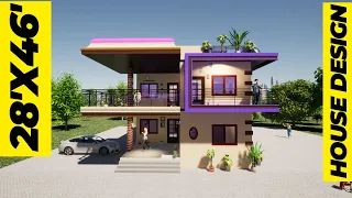 28'x46' House Design along with 4 side Elevation and 3D Cut Plane with proper dimension //28'x46'//