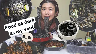 Eating only Black colored food in a day in Malaysia challenge | black cincau, squid ink pasta