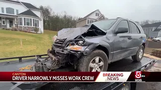 Landscape crew runs for cover when SUV careens off roadway