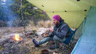 Solo CAMPING in the Rain - Tent and Tarp Shelter - Campfire Chilli