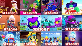 All Brawlers & Skins In All Brawl Pass Season 1-11 | Brawl Stars