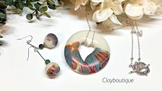 Polymer Clay Faux Porcelain Hollow Pendant, and Earrings