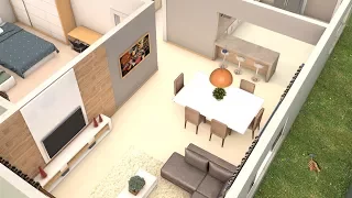 3D Floor with two bedrooms and American Kitchen