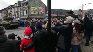 Shermans, m7 priest and belgian piranha df90 driving through Bastogne, main street