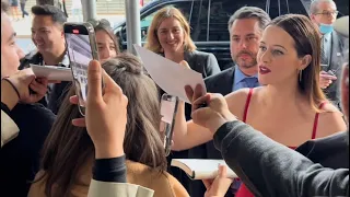 Looking Regal in Red, The Crown’s Claire Foy Greets Fans at NYFF Premiere of “Women Talking”