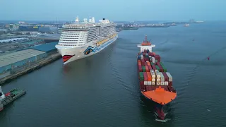 AIDAnova Cruise, Ranger Limassol Container Carrier, Southampton, Evnlost - Gravity, DRONE, 4K