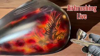 Custom Airbrushing a Fiery Phoenix on a Harley Tank - Learn True Fire Airbrushing Techniques Live!