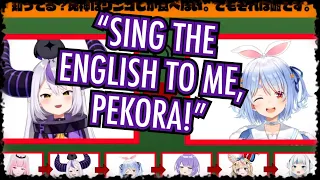 Laplus and Pekora being comedians in the Hololive game of English Telephone