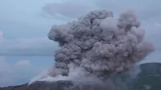 Dramatic scenes when volcano erupts close to observer (Ibu volcano Nov 2018)