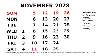 November Calendar 2028
