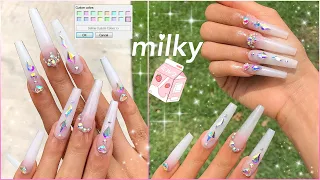 Milky White Acrylic Ombré Bling Perfect Full Set in 30 min?! DIY XXL Coffin Nails Tutorial