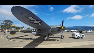 P-38 Lightning start-up, taxi, takeoff, and fly-by.  Airport Day 2024, Santa Ynez 'Kunkle Field', CA