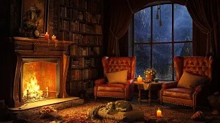 Cozy Room Ambience with Jazz Piano ⛈️ Thunderstorm, Rain, Fireplace Sounds to Reading & Sleeping 4K