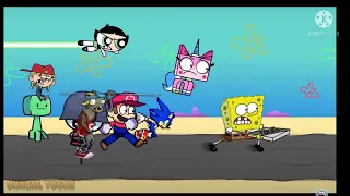 Everyone and pole vaulting zombie try to get the pizza from spongebob