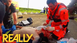 Motorcyclist Is On The Edge After They Hit A Car At High Speed | Helicopter ER