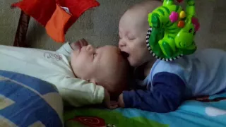 Двойняшки. Жизнь двойняшек. Мальчик и девочка. 4 месяца. Вкусная голова сестры