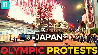 Anti Olympic protests Tokyo 2020 during Opening Cermony