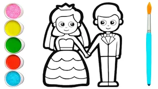 Cute Bride & Groom Drawing Painting Colouring for kids Toddlers | How to draw Bride & Groom easy