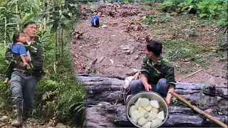 The man went into the forest to dig up a giant cassava root to cook for the little girl to eat