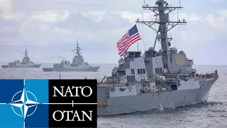 USA Navy. Powerful NATO ships in a live firing exercise in the Atlantic Ocean.