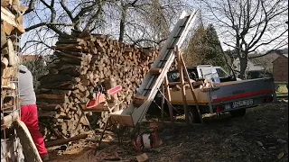 Brennholz schneiden mit Dolmar PS-6100 und Eigenbau Förderband