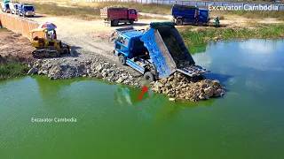 Amazing Technique Driver Recovery Mini Truck Landslip In Water - Dump Truck And Dozer Build New Road