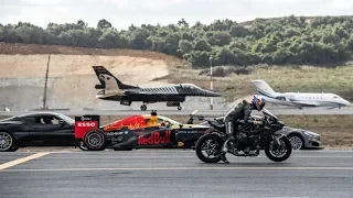 Carrera entre Supermoto, un F1, dos Supercarros, un avión F16 y un Jet ¿Quién gano?, Descúbrelo aquí