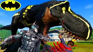 (Jurassic World Evolution🌍) Tyrannosaurus Rex Break out&Fight, Ironman,Batman,Godzilla1998 Fight