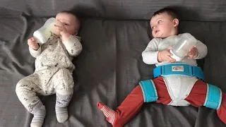 Newborns play with bottles малюки граються з пляшечками малыши играют с бутылочками