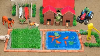 DIY mini Farm Diorama with house for Cow, horse mini water pump supply for animals #63