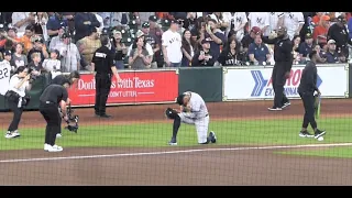Juan Soto kneels in prayer...Opening Day pre-game warm-up...Yankees vs. Astros...3/28/24