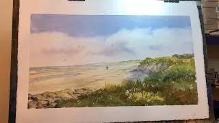 A simple beach scene in watercolour