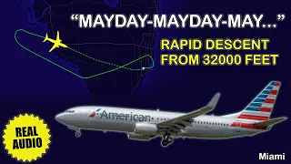 MAYDAY. Loss of pressurization at 32000 feet. American B738 returns to Miami International. Real ATC