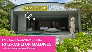 $2500 a night! The Ritz Carlton Maldives Sunset Beach Villa Tour 4K. Maldives Vlog 1