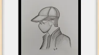 How to draw a boy wearing a hat and face mask, Drawing of a boy wearing a mask,