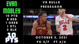 Evan Mobley 10 PTS, 8 REB, 1 OREB, 1 STL, 2 BLK - Cavaliers vs Bulls - Preseason - Oct 5, 2021