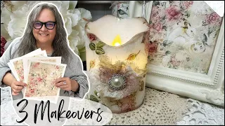 3 Makeovers | thrift store | dollar tree Decoupage a candle with a napkin #shabbychicdecor #upcycle