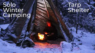 Solo Winter Camping, Tarp Shelter, Snow and Freezing Temperatures
