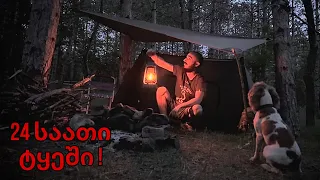 24 Hours in Forest - Hot Tent Camping with My Dog, Rabbit on Campfire